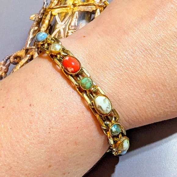 Vintage Art Glass Cabochon Heavy Chain Bracelet - Picture 1 of 7